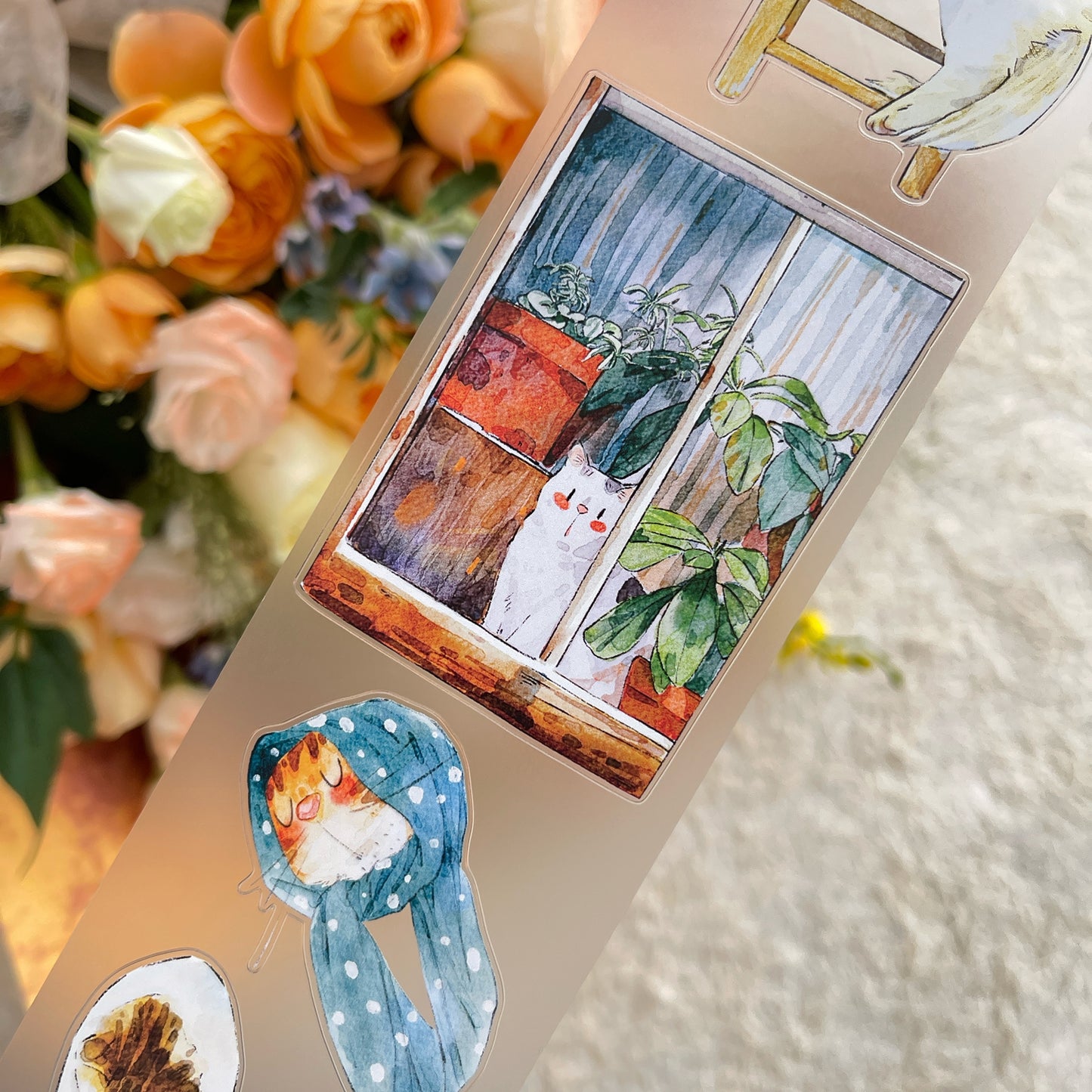 DingDing Vol14【54#Here's a Cat】Original Design Kiss-Cut Washi PET Tape Stickers,for Scrapbook Supplies,Journaling,Junk Journal,Bullet Journal,Planner Stickers