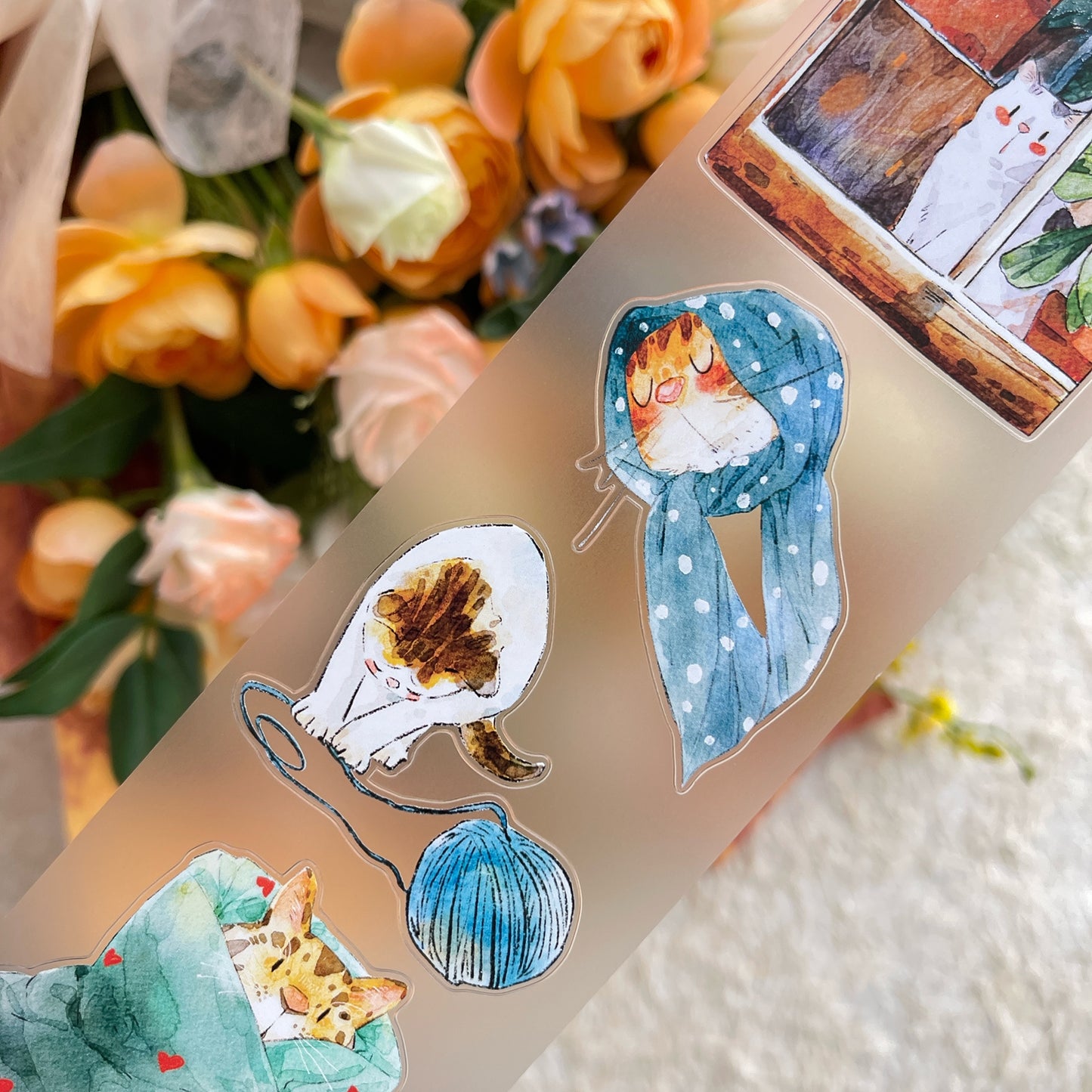 DingDing Vol14【54#Here's a Cat】Original Design Kiss-Cut Washi PET Tape Stickers,for Scrapbook Supplies,Journaling,Junk Journal,Bullet Journal,Planner Stickers