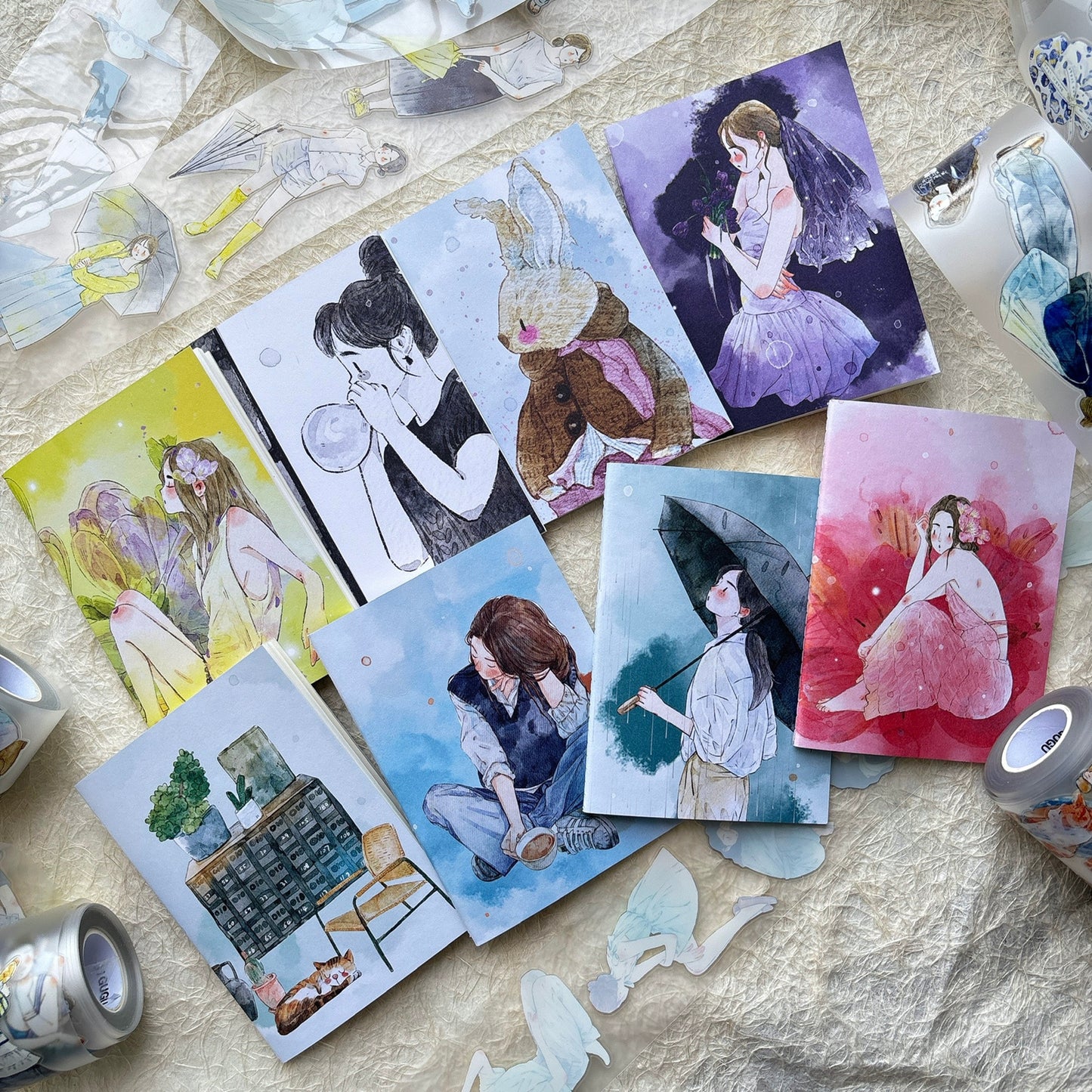 DingDing Vol9【8 Pcs 9*12.5cm Person Cover Travel Notebook】,Washi Sticker Book,Passport, Blank Inner Pages,for Junk Journal,Journaling,Scrapbooking