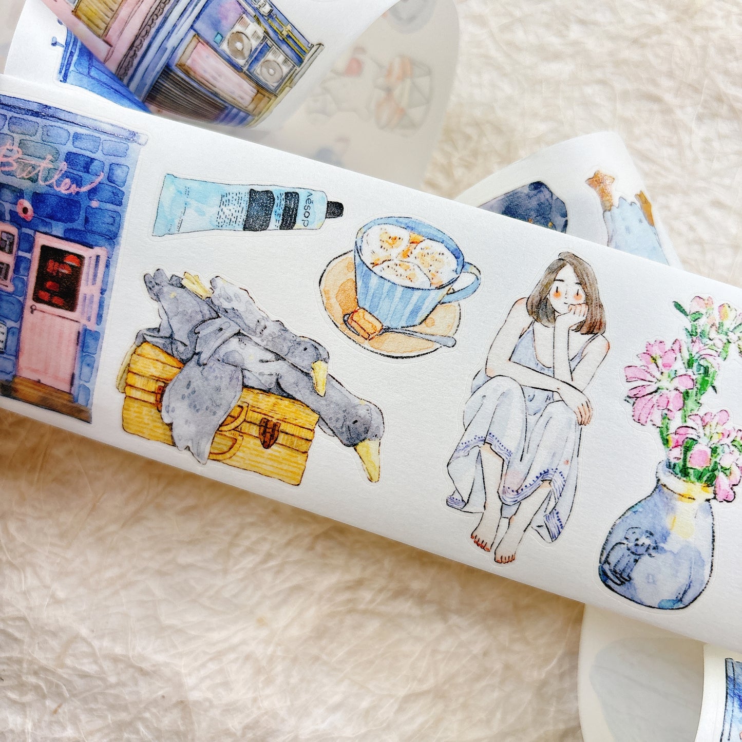 Seahorse Forest Vol10【A57#Blues】Vintage Scene Original Design Pre-Cut Washi/PET Tape Stickers,for Scrapbook Supplies,Junk Journal Supplies