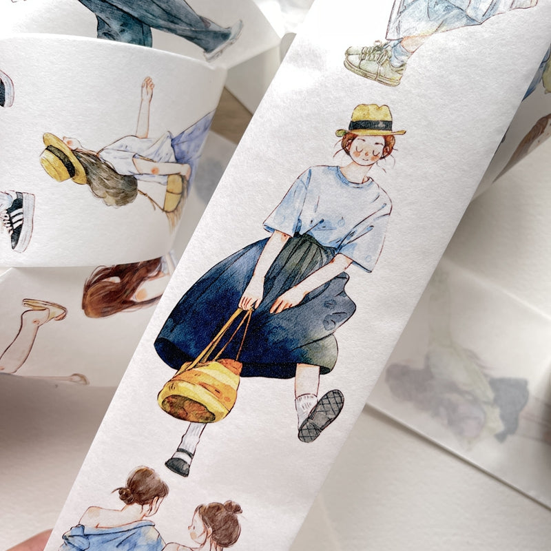 DingDing Vol6【19#】Original Character Design Vintage Casualness Girl Washi PET Tape Versatile Collage Material