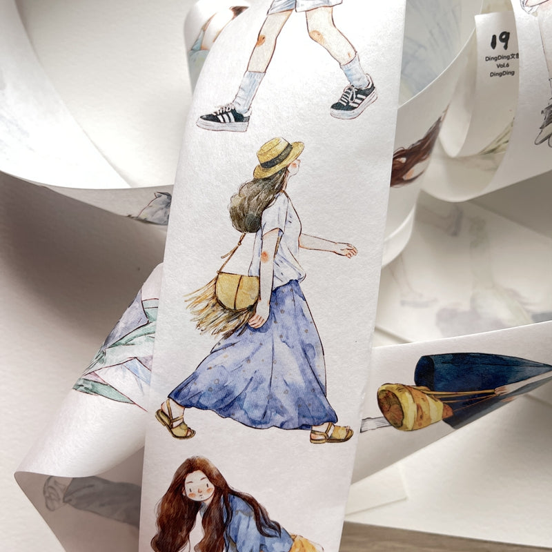 DingDing Vol6【19#】Original Character Design Vintage Casualness Girl Washi PET Tape Versatile Collage Material