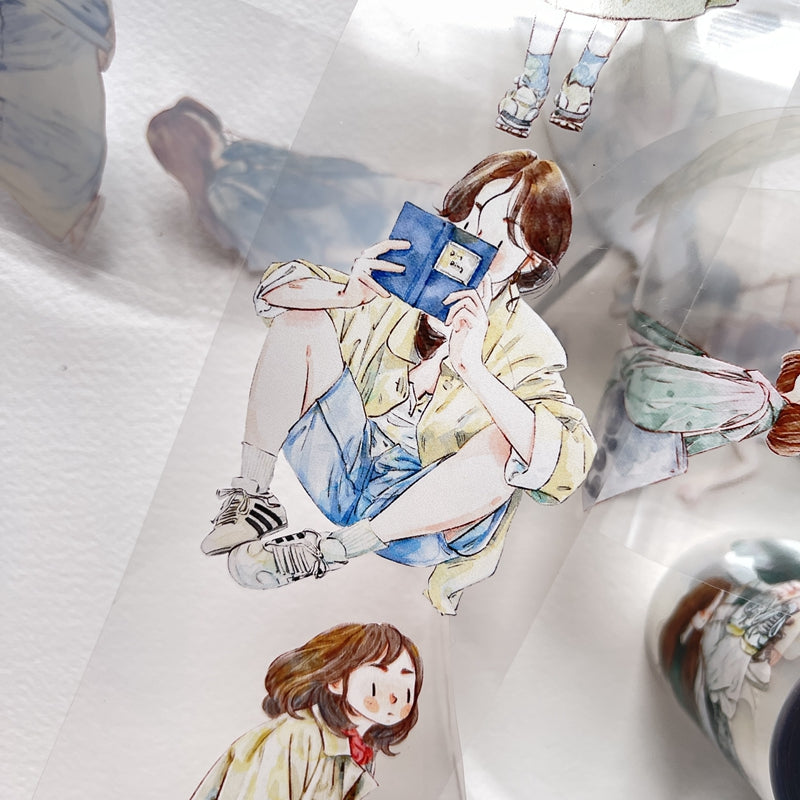 DingDing Vol6【19#】Original Character Design Vintage Casualness Girl Washi PET Tape Versatile Collage Material