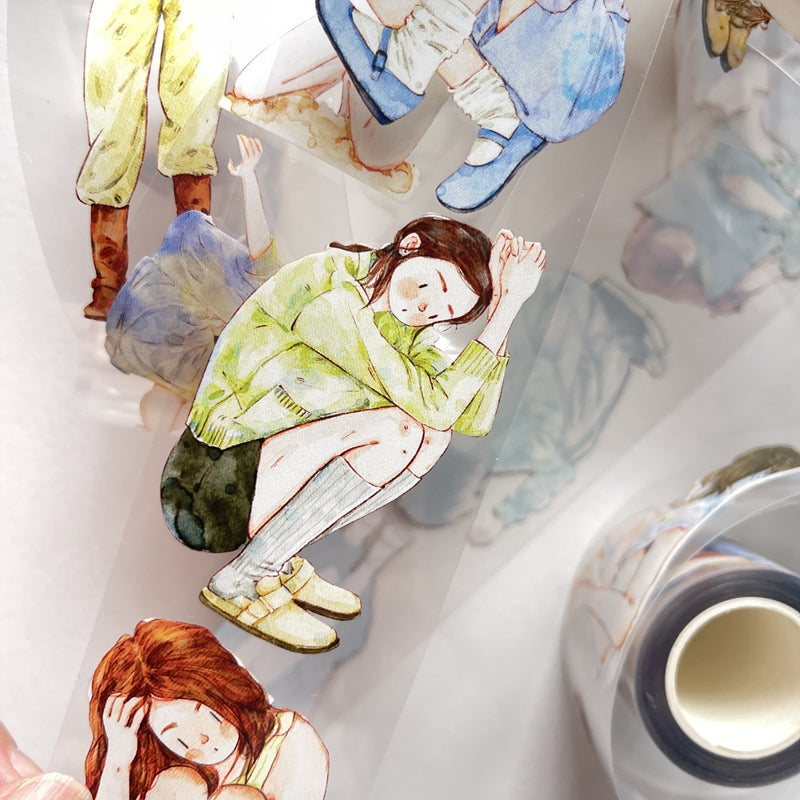 DingDing Vol6【20#】Original Character Design Vintage Casualness Girl Washi PET Tape Versatile Collage Material