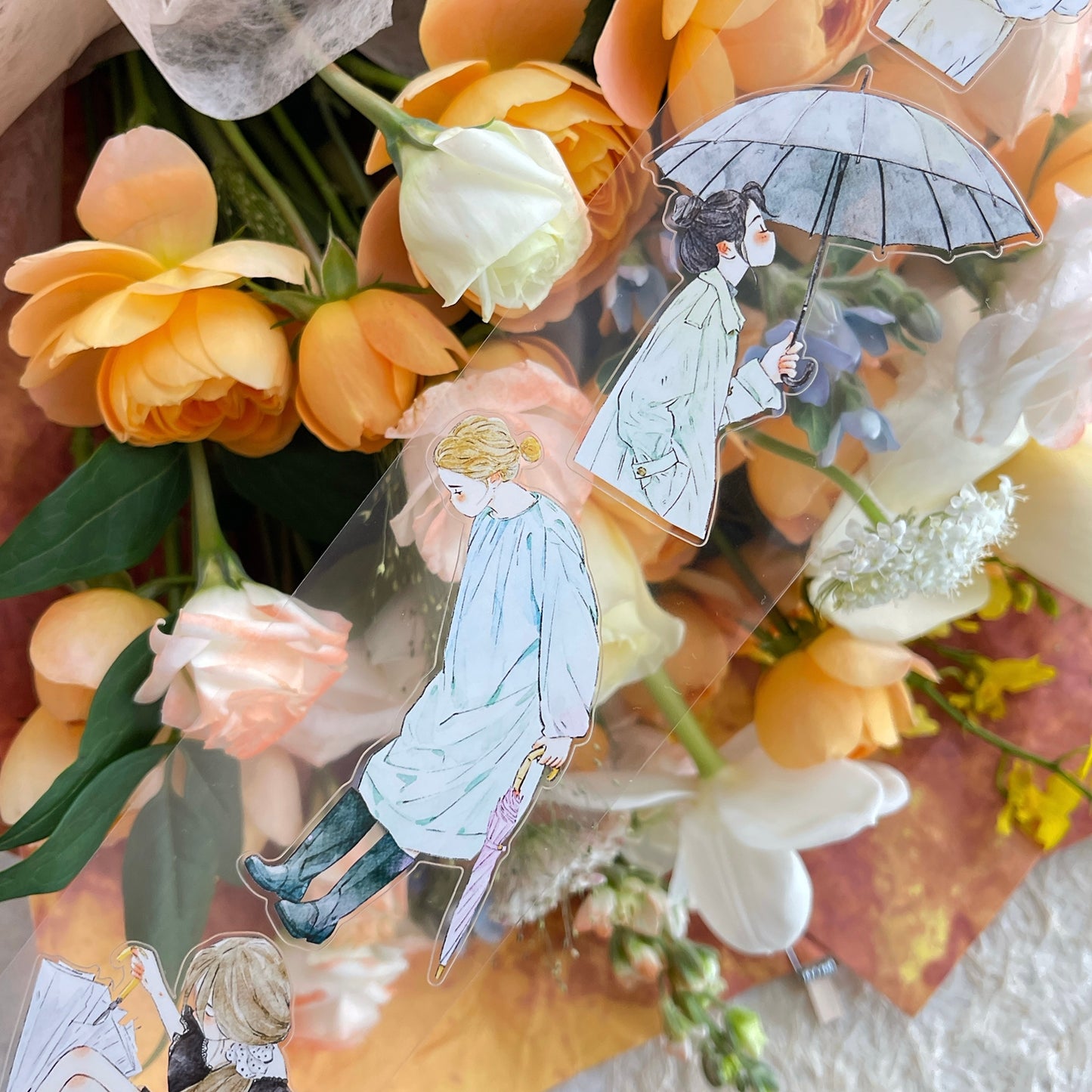 DingDing Vol14【53#Rainy】Original Design Kiss-Cut Washi PET Tape Stickers,for Scrapbook Supplies,Journaling,Junk Journal,Bullet Journal,Planner Stickers