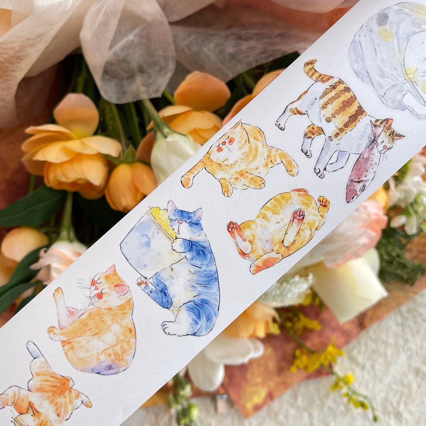 DingDing Vol14【54#Here's a Cat】Original Design Kiss-Cut Washi PET Tape Stickers,for Scrapbook Supplies,Journaling,Junk Journal,Bullet Journal,Planner Stickers