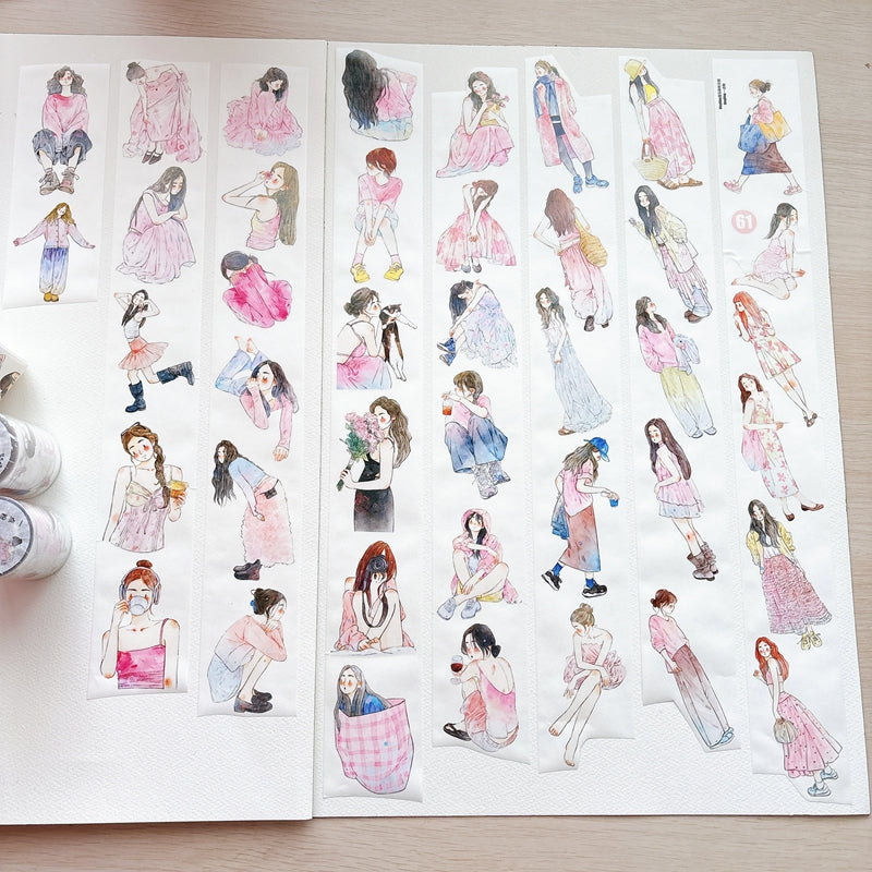 DingDing Vol.16【61#A Little Pink】Original Character Design Vintage Casualness Girl Washi/PET Tape Stickers, for Scrapbook Supplies,Scrapbook Tape Stickers,Junk Journal Supplies