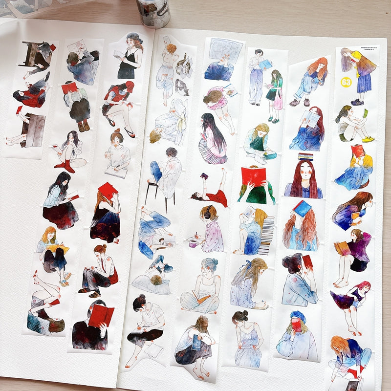 DingDing Vol.16【63#Having a Book】Original Character Design Vintage Casualness Girl Washi/PET Tape Stickers, for Scrapbook Supplies,Scrapbook Tape Stickers,Junk Journal Supplies