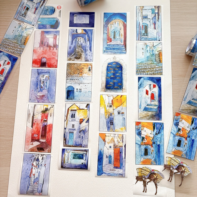 Seahorse Forest Vol11【A71#Wind Passes through Blue Lane】Vintage Scene Original Design Pre-Cut Washi/PET Tape Stickers,for Scrapbook Supplies,Junk Journal Supplies