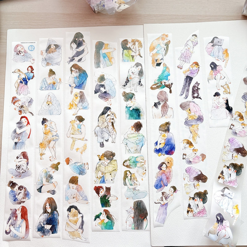DingDing Vol.16【62#Having a Pet】Original Character Design Vintage Casualness Girl&Pet Washi/PET Tape Stickers, for Scrapbook Supplies,Scrapbook Tape Stickers,Junk Journal Supplies