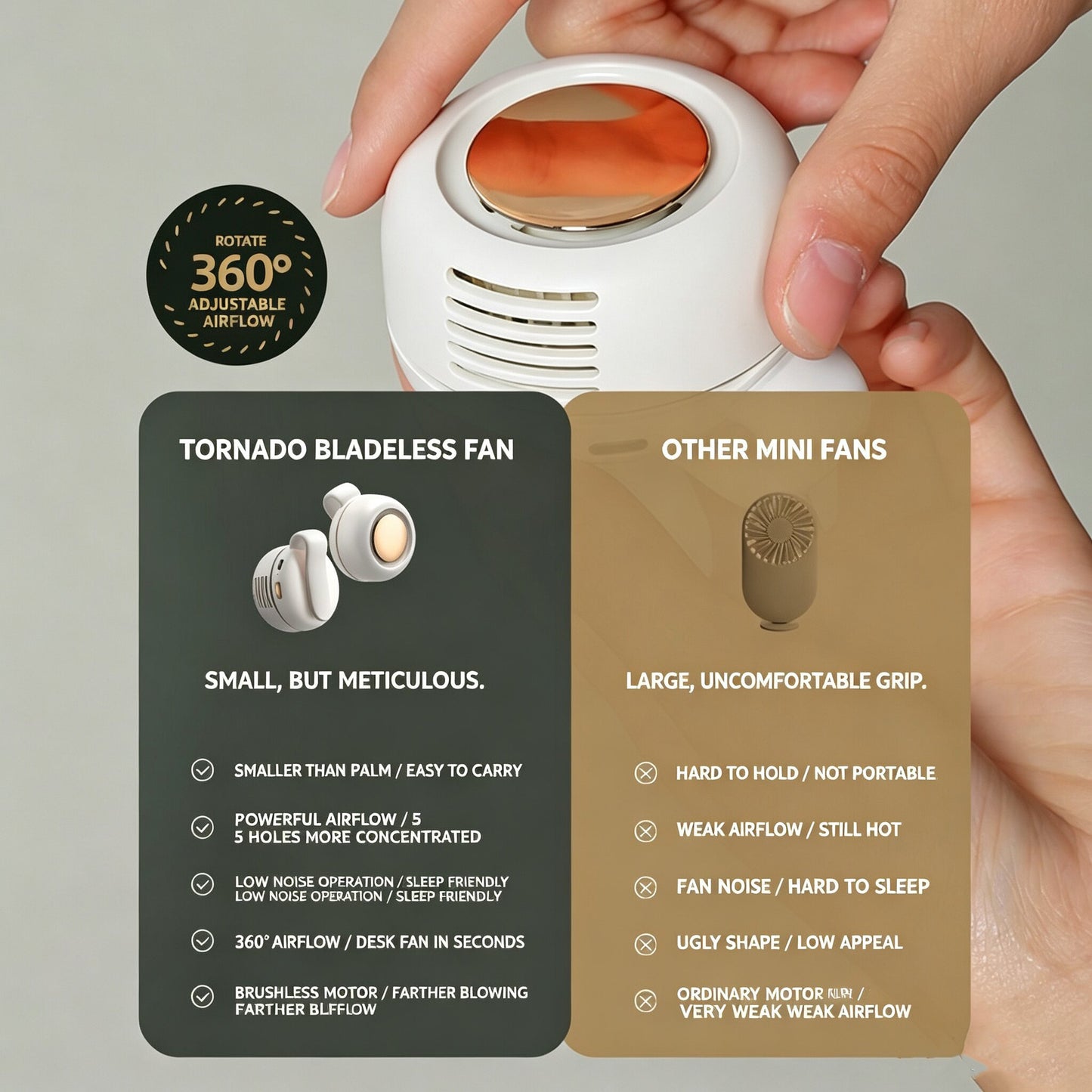 ‌Mini Cyclone-160g Bladeless Clip Fan, der überall hin mitkommt. 3 Geschwindigkeiten. 900 mAh. Silikonclip. Überall befestigbar. Freihändige Kühlung.