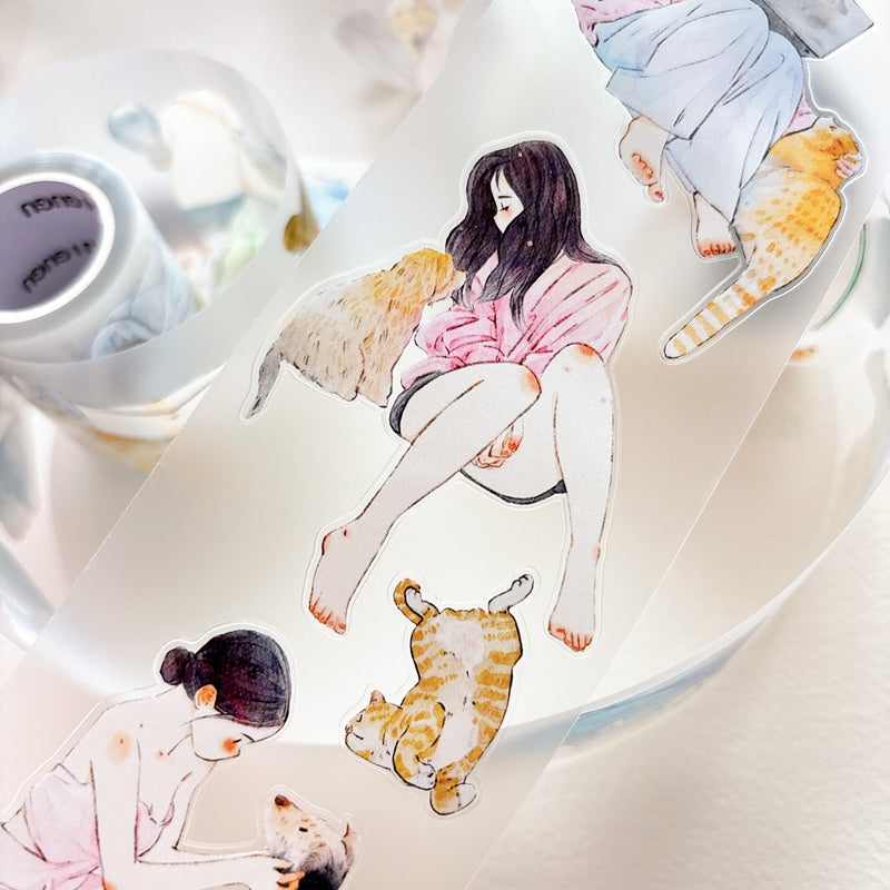 DingDing Vol.16【62#Having a Pet】Original Character Design Vintage Casualness Girl&Pet Washi/PET Tape Stickers, for Scrapbook Supplies,Scrapbook Tape Stickers,Junk Journal Supplies