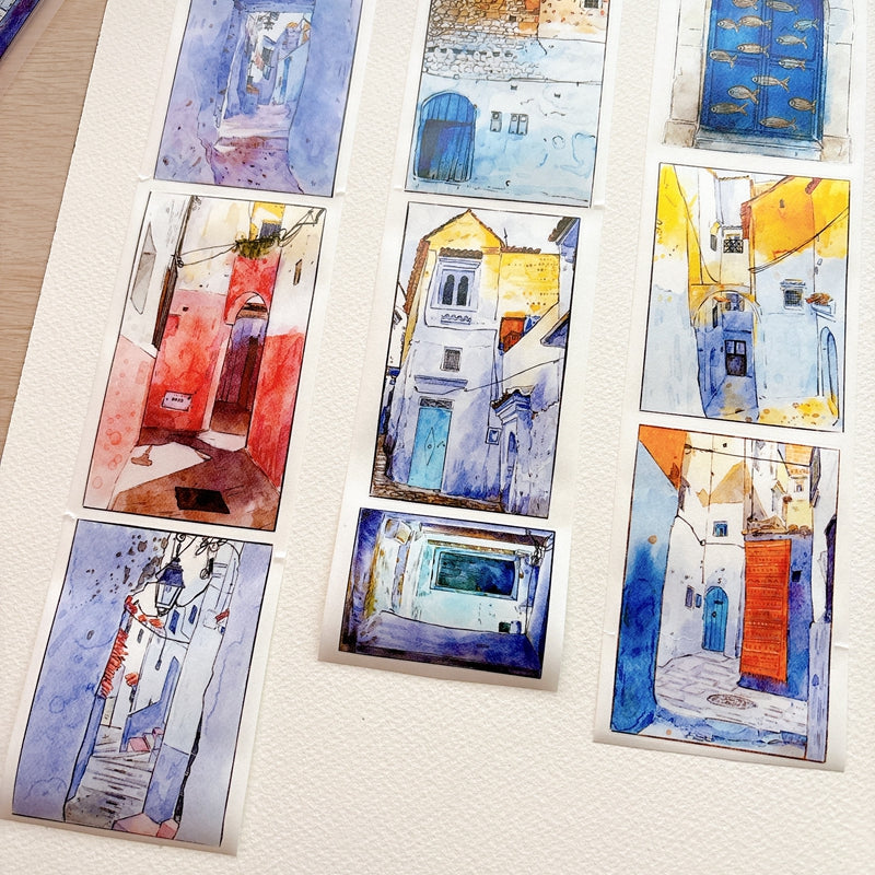 Seahorse Forest Vol11【A71#Wind Passes through Blue Lane】Vintage Scene Original Design Pre-Cut Washi/PET Tape Stickers,for Scrapbook Supplies,Junk Journal Supplies