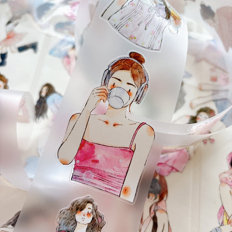 DingDing Vol.16【61#A Little Pink】Original Character Design Vintage Casualness Girl Washi/PET Tape Stickers, for Scrapbook Supplies,Scrapbook Tape Stickers,Junk Journal Supplies
