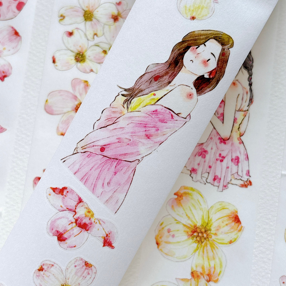 DingDing Vol.17【67#Cornelian Cherry】Original Character Design Vintage Casualness Girl Washi/PET Tape Stickers, for Scrapbook Supplies,Scrapbook Tape Stickers,Junk Journal Supplies
