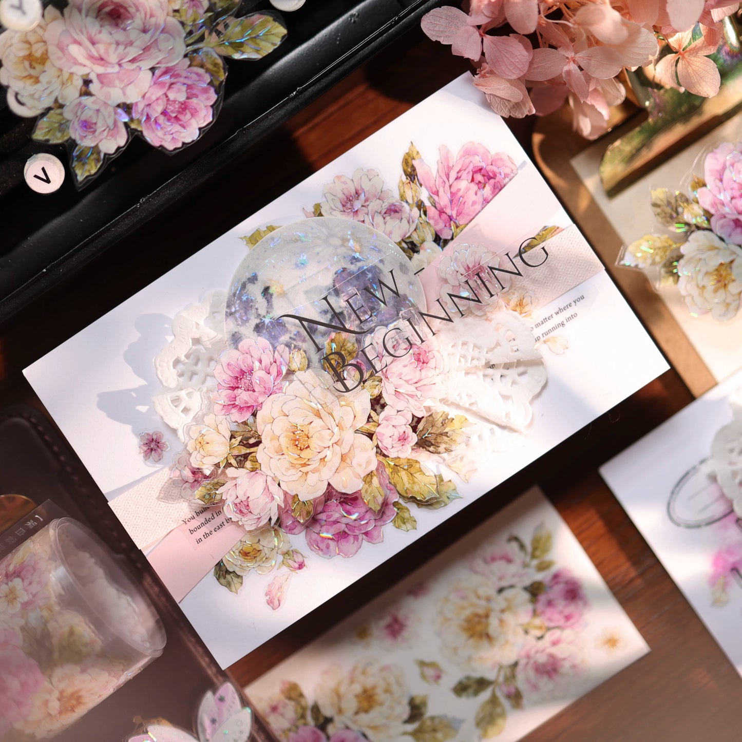YiEr Vol17【Peach Mist and White Fluff】Kiss-cut Floral Washi Tape and PET Stickers