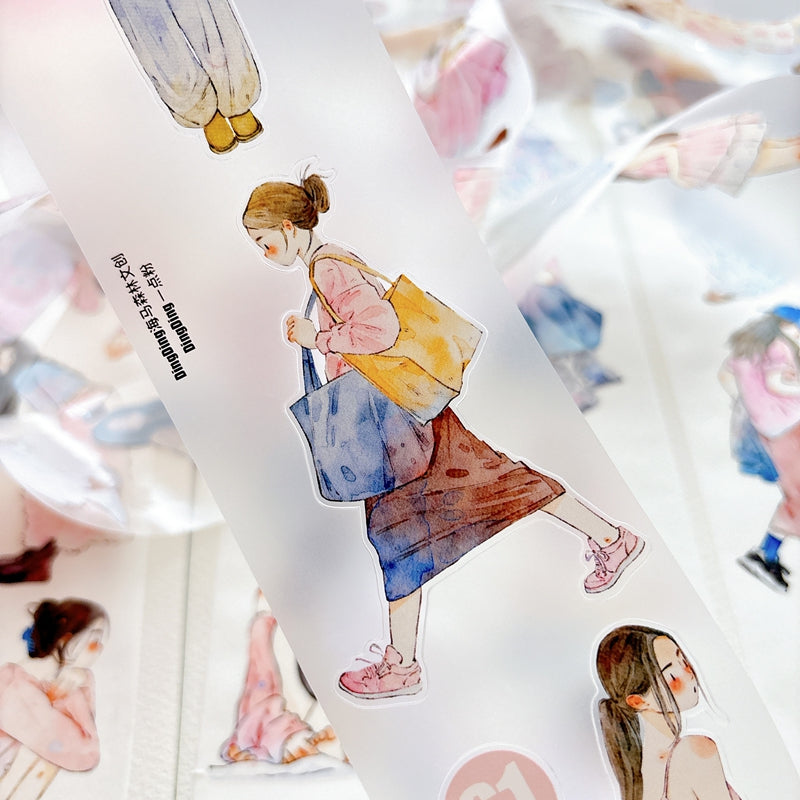 DingDing Vol.16【61#A Little Pink】Original Character Design Vintage Casualness Girl Washi/PET Tape Stickers, for Scrapbook Supplies,Scrapbook Tape Stickers,Junk Journal Supplies