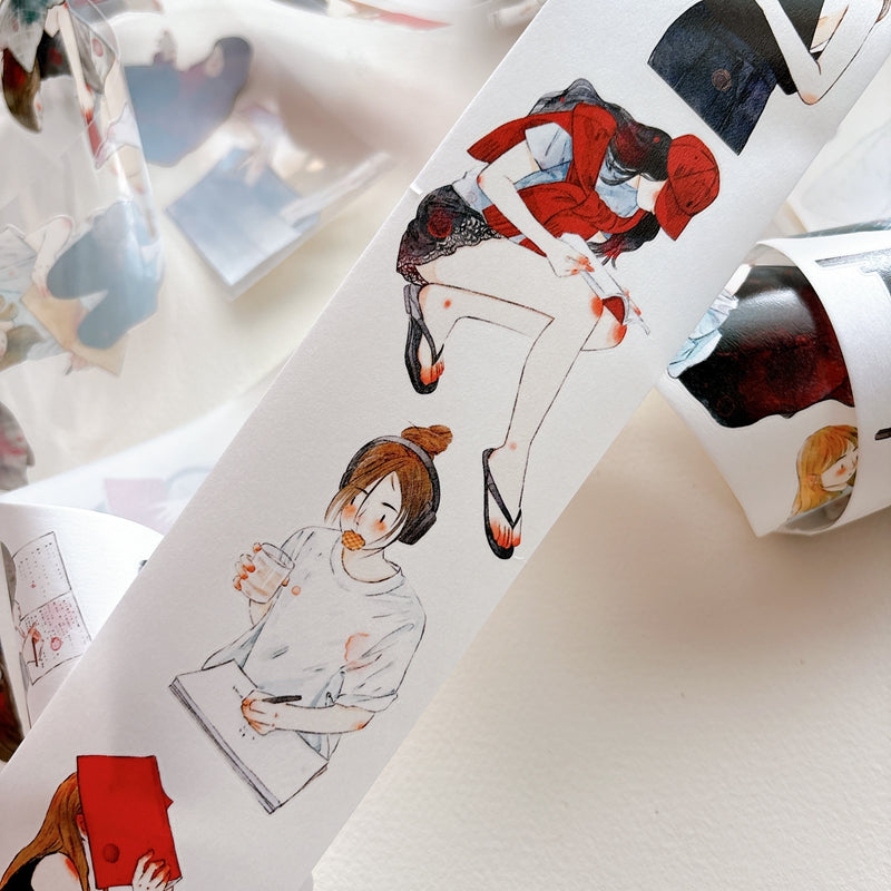 DingDing Vol.16【63#Having a Book】Original Character Design Vintage Casualness Girl Washi/PET Tape Stickers, for Scrapbook Supplies,Scrapbook Tape Stickers,Junk Journal Supplies