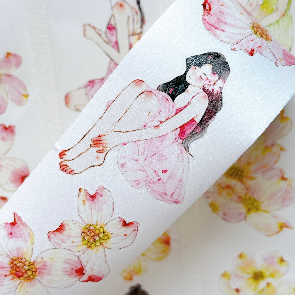 DingDing Vol.17【67#Cornelian Cherry】Original Character Design Vintage Casualness Girl Washi/PET Tape Stickers, for Scrapbook Supplies,Scrapbook Tape Stickers,Junk Journal Supplies