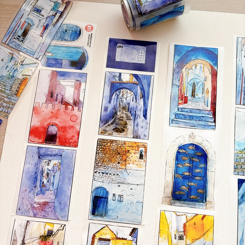 Seahorse Forest Vol11【A71#Wind Passes through Blue Lane】Vintage Scene Original Design Pre-Cut Washi/PET Tape Stickers,for Scrapbook Supplies,Junk Journal Supplies