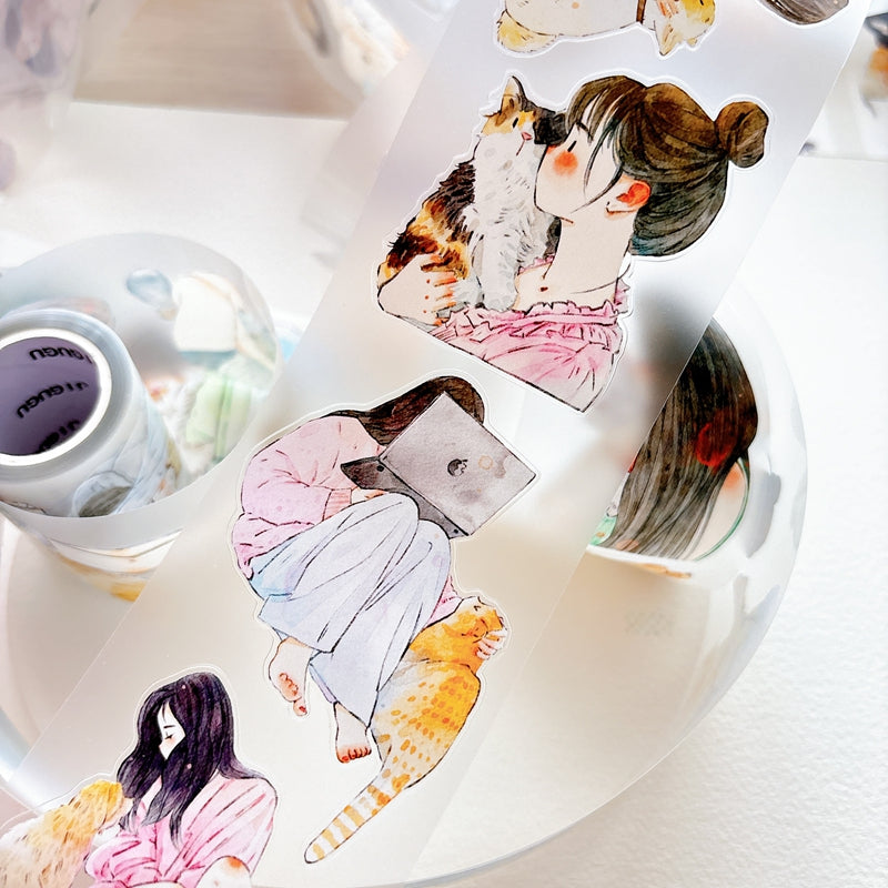 DingDing Vol.16【62#Having a Pet】Original Character Design Vintage Casualness Girl&Pet Washi/PET Tape Stickers, for Scrapbook Supplies,Scrapbook Tape Stickers,Junk Journal Supplies