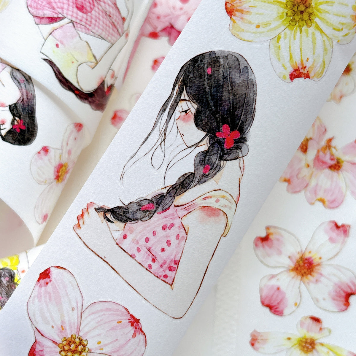 DingDing Vol.17【67#Cornelian Cherry】Original Character Design Vintage Casualness Girl Washi/PET Tape Stickers, for Scrapbook Supplies,Scrapbook Tape Stickers,Junk Journal Supplies