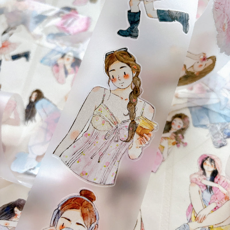 DingDing Vol.16【61#A Little Pink】Original Character Design Vintage Casualness Girl Washi/PET Tape Stickers, for Scrapbook Supplies,Scrapbook Tape Stickers,Junk Journal Supplies
