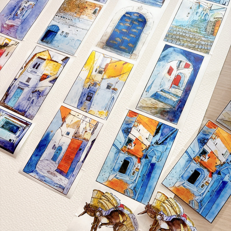 Seahorse Forest Vol11【A71#Wind Passes through Blue Lane】Vintage Scene Original Design Pre-Cut Washi/PET Tape Stickers,for Scrapbook Supplies,Junk Journal Supplies