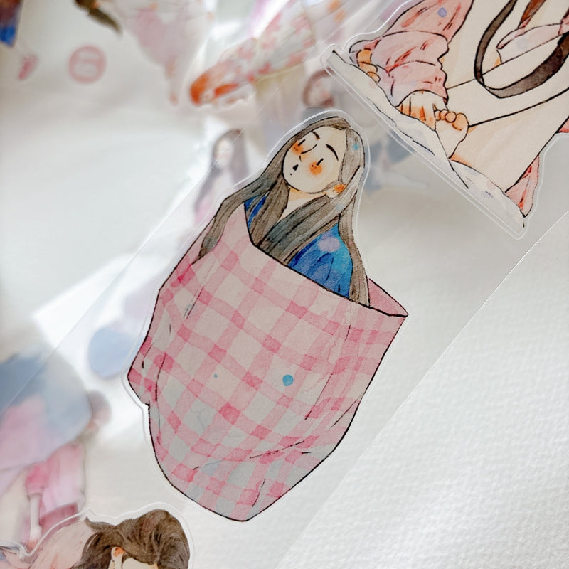 DingDing Vol.16【61#A Little Pink】Original Character Design Vintage Casualness Girl Washi/PET Tape Stickers, for Scrapbook Supplies,Scrapbook Tape Stickers,Junk Journal Supplies