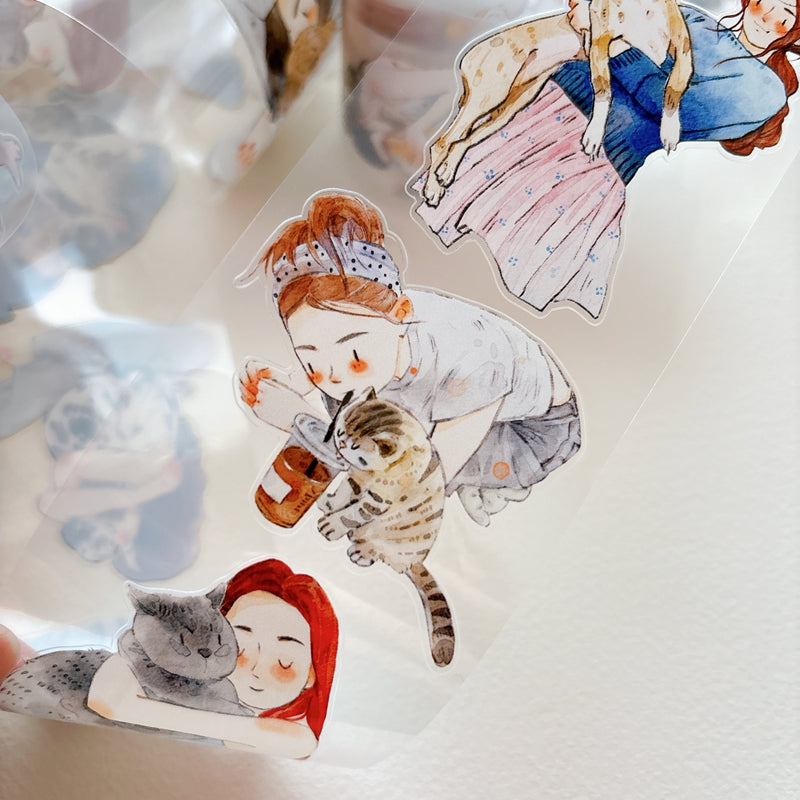 DingDing Vol.16【62#Having a Pet】Original Character Design Vintage Casualness Girl&Pet Washi/PET Tape Stickers, for Scrapbook Supplies,Scrapbook Tape Stickers,Junk Journal Supplies