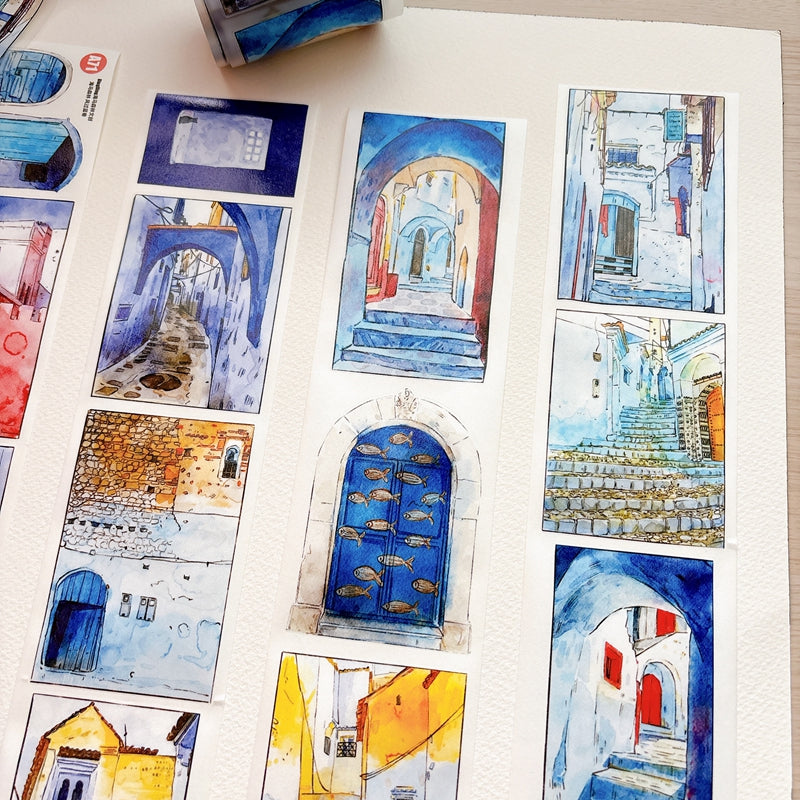 Seahorse Forest Vol11【A71#Wind Passes through Blue Lane】Vintage Scene Original Design Pre-Cut Washi/PET Tape Stickers,for Scrapbook Supplies,Junk Journal Supplies