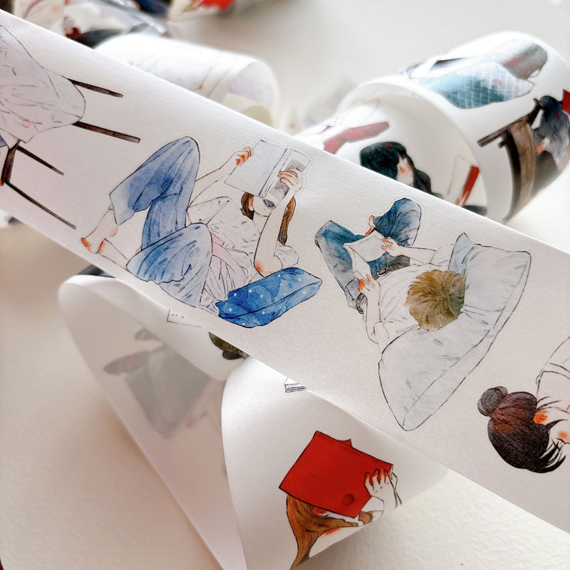 DingDing Vol.16【63#Having a Book】Original Character Design Vintage Casualness Girl Washi/PET Tape Stickers, for Scrapbook Supplies,Scrapbook Tape Stickers,Junk Journal Supplies