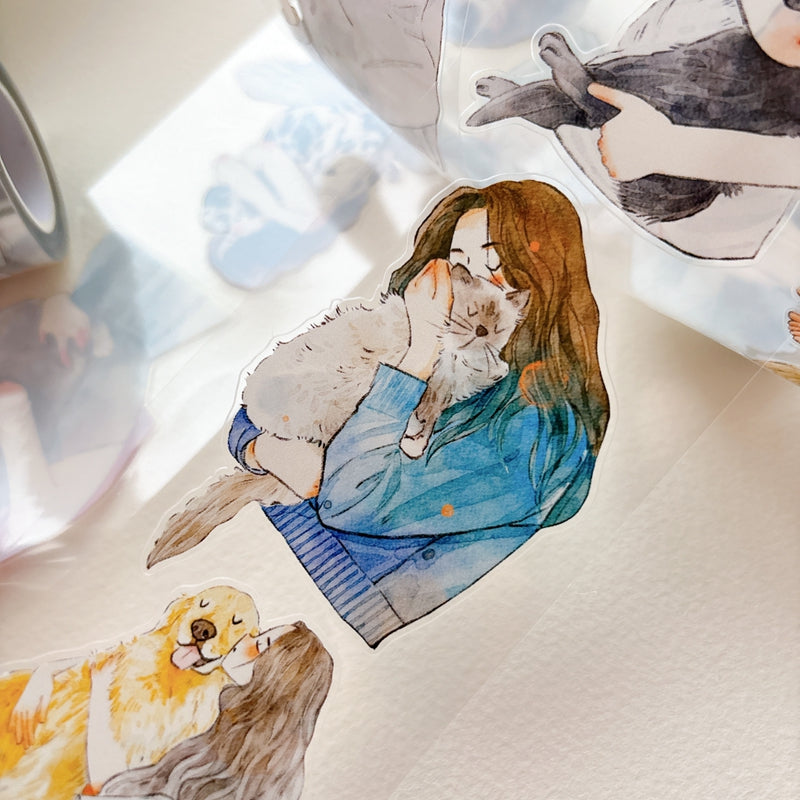 DingDing Vol.16【62#Having a Pet】Original Character Design Vintage Casualness Girl&Pet Washi/PET Tape Stickers, for Scrapbook Supplies,Scrapbook Tape Stickers,Junk Journal Supplies