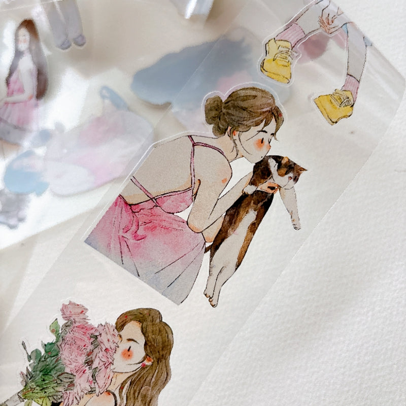 DingDing Vol.16【61#A Little Pink】Original Character Design Vintage Casualness Girl Washi/PET Tape Stickers, for Scrapbook Supplies,Scrapbook Tape Stickers,Junk Journal Supplies