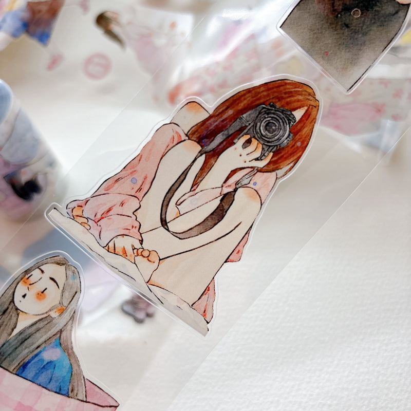 DingDing Vol.16【61#A Little Pink】Original Character Design Vintage Casualness Girl Washi/PET Tape Stickers, for Scrapbook Supplies,Scrapbook Tape Stickers,Junk Journal Supplies