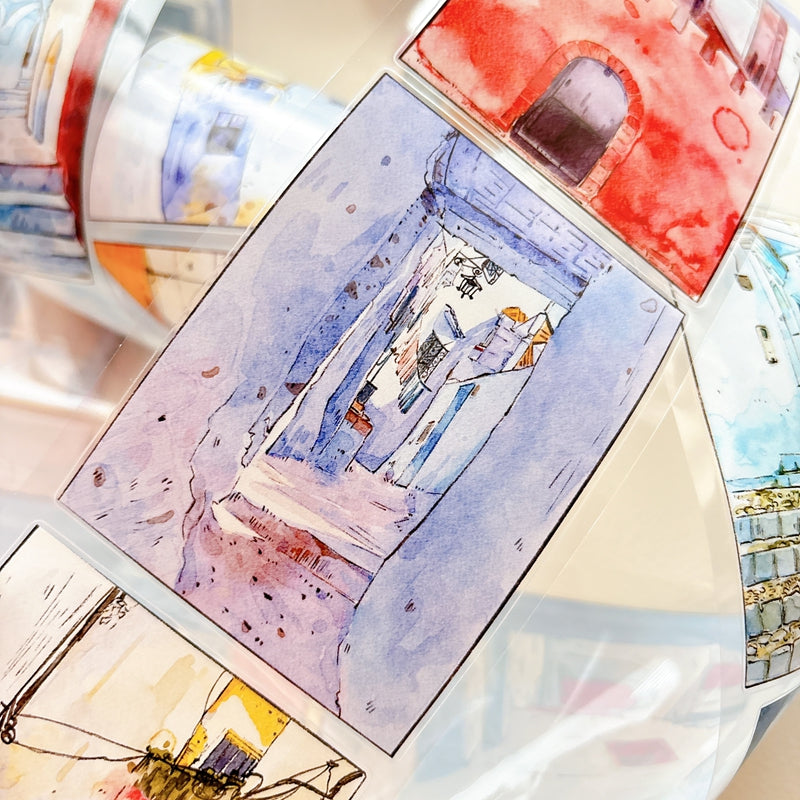 Seahorse Forest Vol11【A71#Wind Passes through Blue Lane】Vintage Scene Original Design Pre-Cut Washi/PET Tape Stickers,for Scrapbook Supplies,Junk Journal Supplies