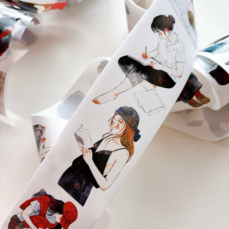 DingDing Vol.16【63#Having a Book】Original Character Design Vintage Casualness Girl Washi/PET Tape Stickers, for Scrapbook Supplies,Scrapbook Tape Stickers,Junk Journal Supplies
