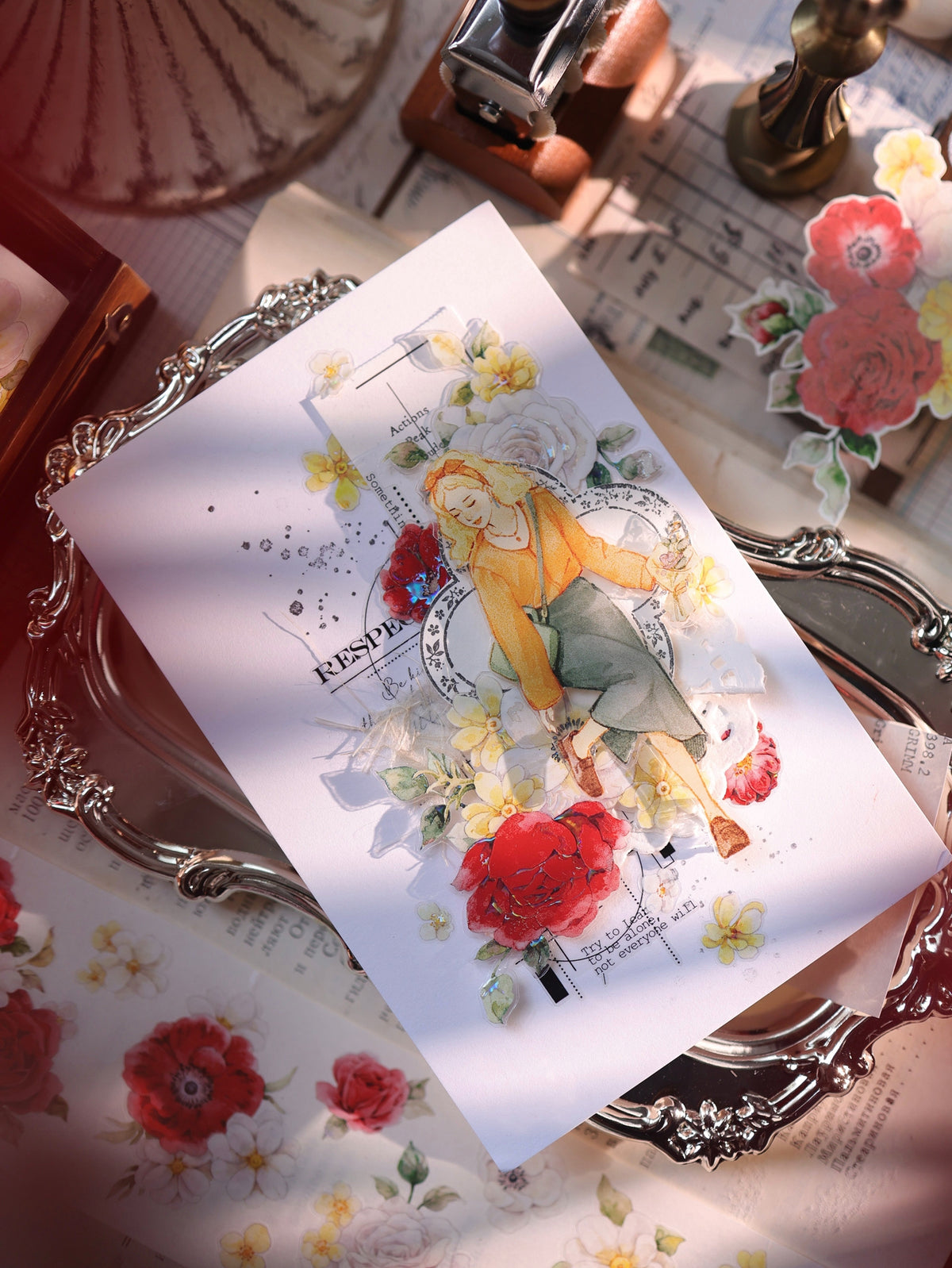 YiEr Vol18【Zhu Bai Qing Fang】Pre-cut Orginal Design Red Rose Washi Tape and PET Stickers