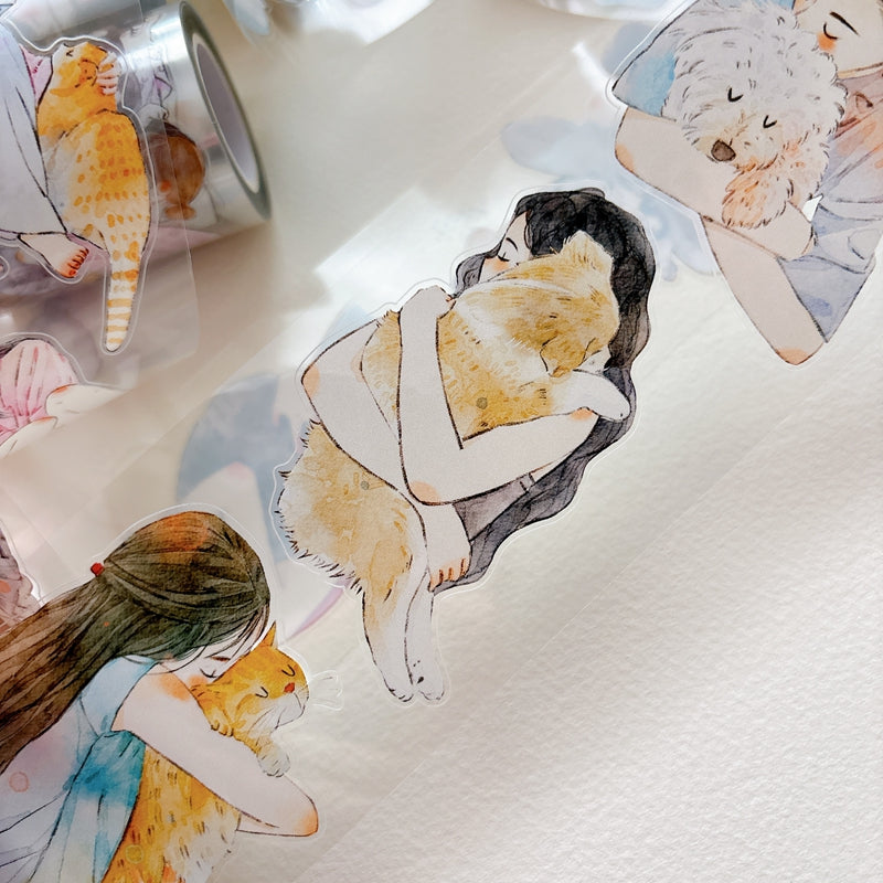 DingDing Vol.16【62#Having a Pet】Original Character Design Vintage Casualness Girl&Pet Washi/PET Tape Stickers, for Scrapbook Supplies,Scrapbook Tape Stickers,Junk Journal Supplies