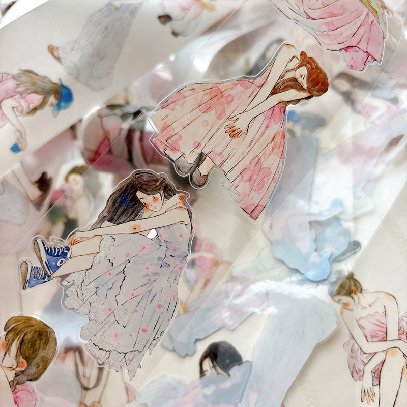 DingDing Vol.16【61#A Little Pink】Original Character Design Vintage Casualness Girl Washi/PET Tape Stickers, for Scrapbook Supplies,Scrapbook Tape Stickers,Junk Journal Supplies