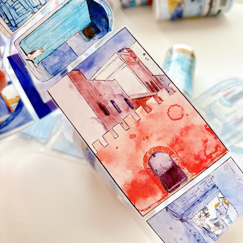Seahorse Forest Vol11【A71#Wind Passes through Blue Lane】Vintage Scene Original Design Pre-Cut Washi/PET Tape Stickers,for Scrapbook Supplies,Junk Journal Supplies