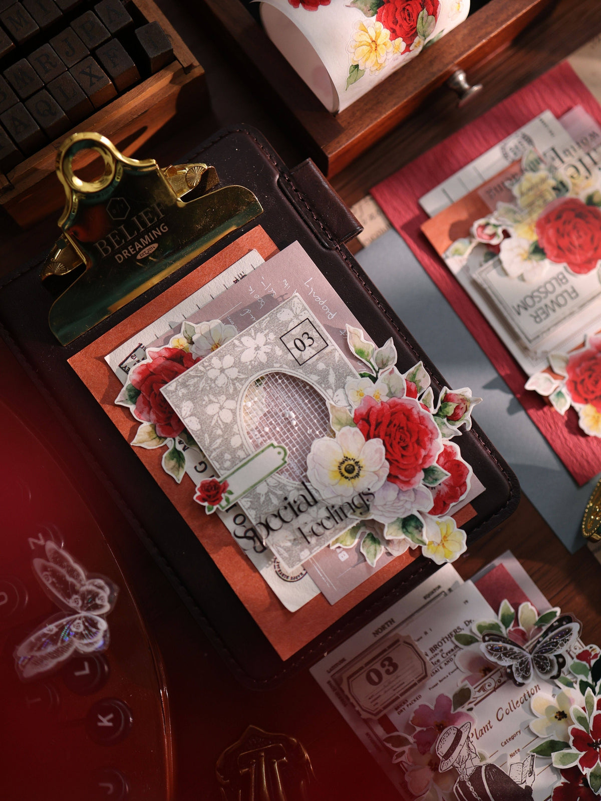 YiEr Vol18【Zhu Bai Qing Fang】Pre-cut Orginal Design Red Rose Washi Tape and PET Stickers