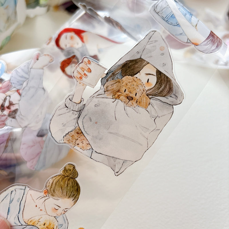 DingDing Vol.16【62#Having a Pet】Original Character Design Vintage Casualness Girl&Pet Washi/PET Tape Stickers, for Scrapbook Supplies,Scrapbook Tape Stickers,Junk Journal Supplies
