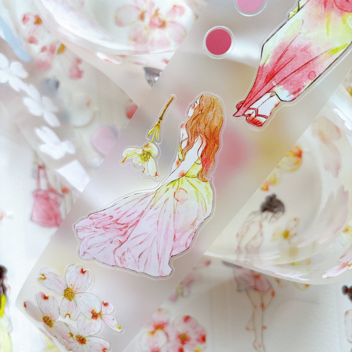 DingDing Vol.17【67#Cornelian Cherry】Original Character Design Vintage Casualness Girl Washi/PET Tape Stickers, for Scrapbook Supplies,Scrapbook Tape Stickers,Junk Journal Supplies