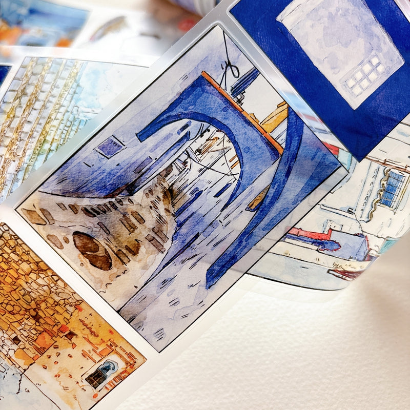 Seahorse Forest Vol11【A71#Wind Passes through Blue Lane】Vintage Scene Original Design Pre-Cut Washi/PET Tape Stickers,for Scrapbook Supplies,Junk Journal Supplies
