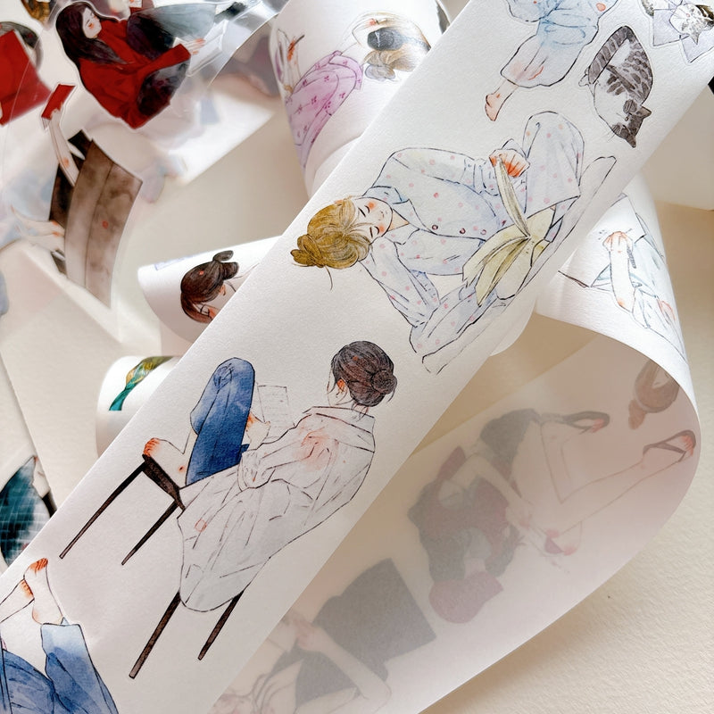 DingDing Vol.16【63#Having a Book】Original Character Design Vintage Casualness Girl Washi/PET Tape Stickers, for Scrapbook Supplies,Scrapbook Tape Stickers,Junk Journal Supplies