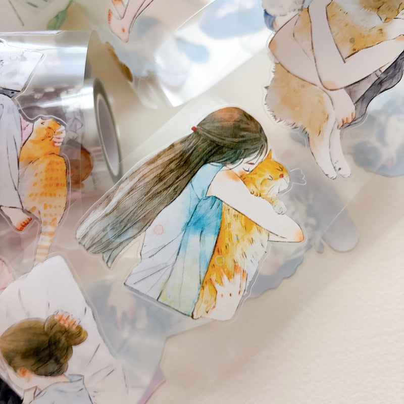 DingDing Vol.16【62#Having a Pet】Original Character Design Vintage Casualness Girl&Pet Washi/PET Tape Stickers, for Scrapbook Supplies,Scrapbook Tape Stickers,Junk Journal Supplies