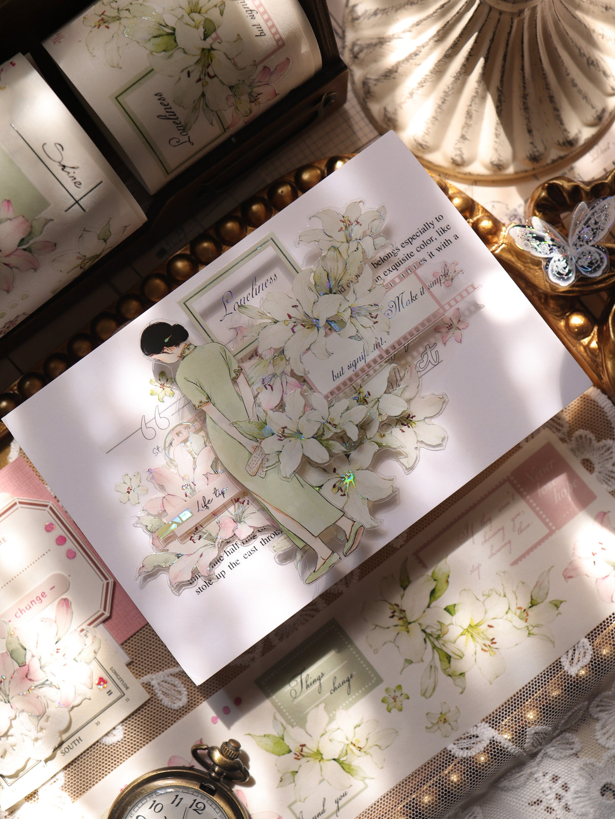YiEr Vol18【Faint-Mist Lily】Pre-cut Orginal Design Follower Washi Tape and PET Stickers