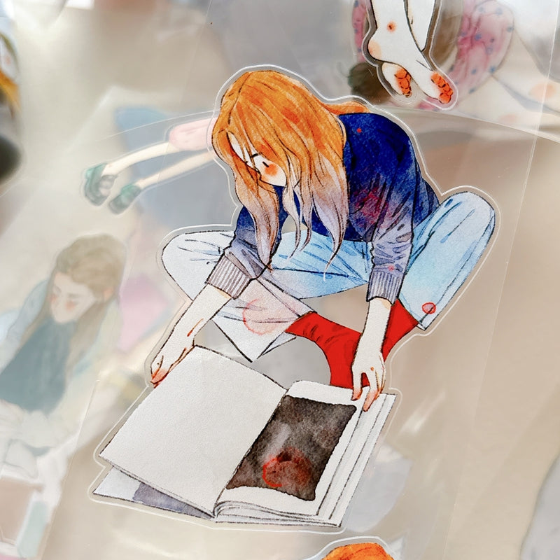 DingDing Vol.16【63#Having a Book】Original Character Design Vintage Casualness Girl Washi/PET Tape Stickers, for Scrapbook Supplies,Scrapbook Tape Stickers,Junk Journal Supplies