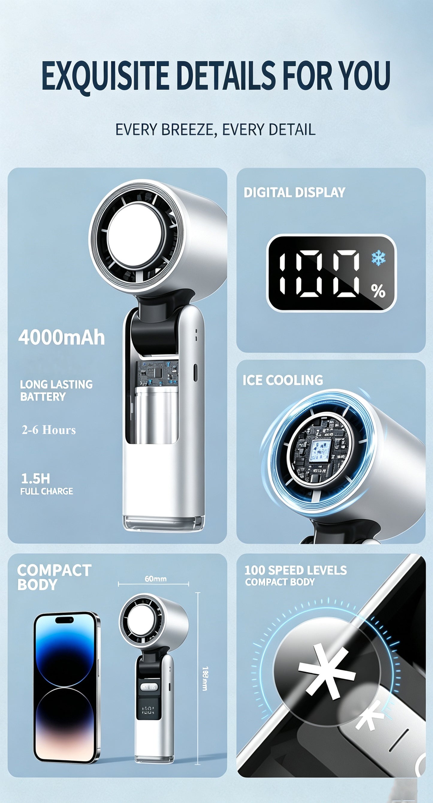 4000mAh Ultra-long Standby Mini 100 Speed Handheld Fan with Ice Cold Compress – USB Rechargeable Mini Turbo Portable Cooling Fan, Shenzhen Factory Wholesale